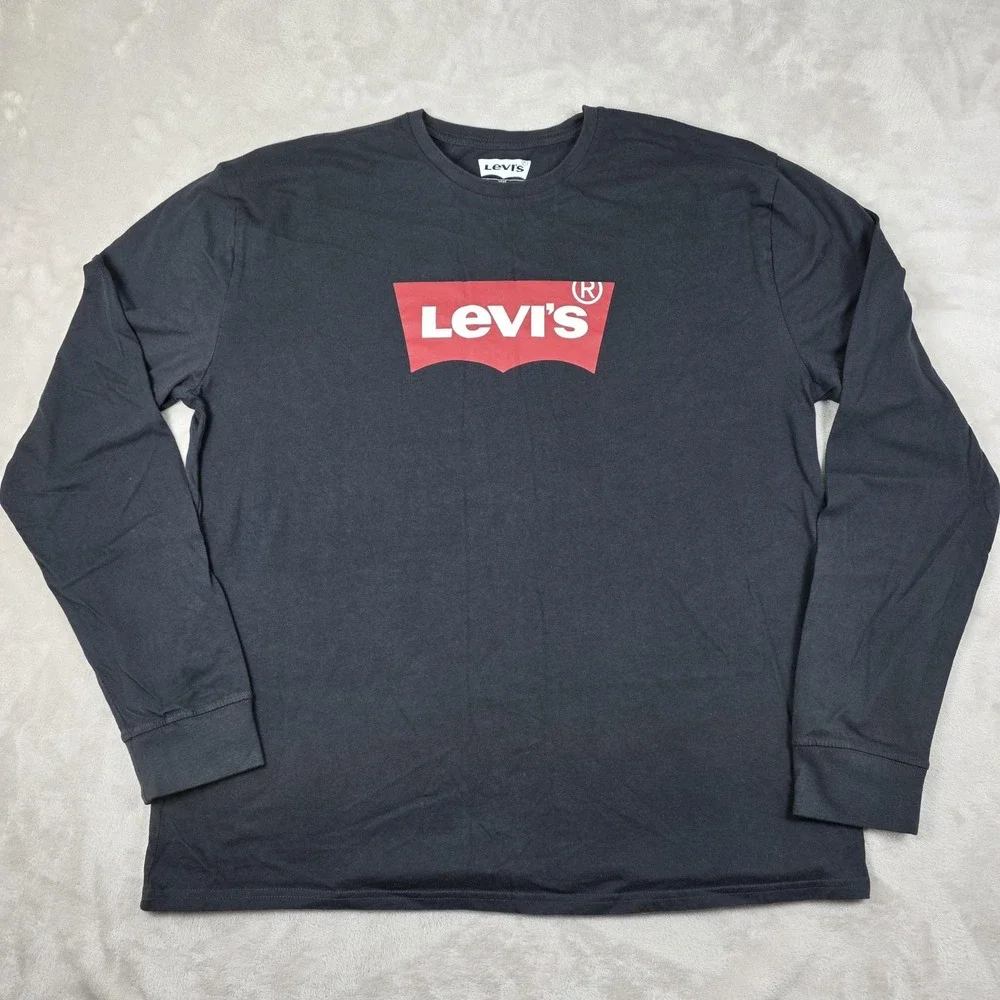 Levis Shirt Mens 2XL Black Long Sleeve Red Batwing Logo Graphic Tee Crewneck